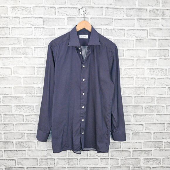 ETON Men's Slim fit Button up Shirt Navy with mini polka dots size 16 - Picture 2 of 5